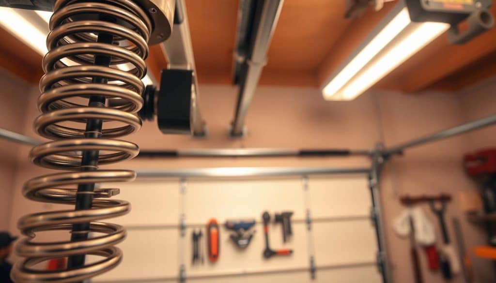 A close-up view of a well-maintained garage door spring assembly, showcasing the intricate details of the springs, cables, and pulleys. The foreground emphasizes the tension in the coiled springs, highlighting their metallic sheen and wire texture. In the middle ground, a sturdy garage door is partially open, revealing a clean and organized maintenance space with tools such as wrenches and a toolbox neatly arranged. The background features warm, diffused lighting coming from overhead fixtures, casting gentle shadows that enhance the three-dimensionality of the scene. The overall atmosphere is one of professionalism and expertise, evoking a sense of reliability and care in garage door maintenance.
