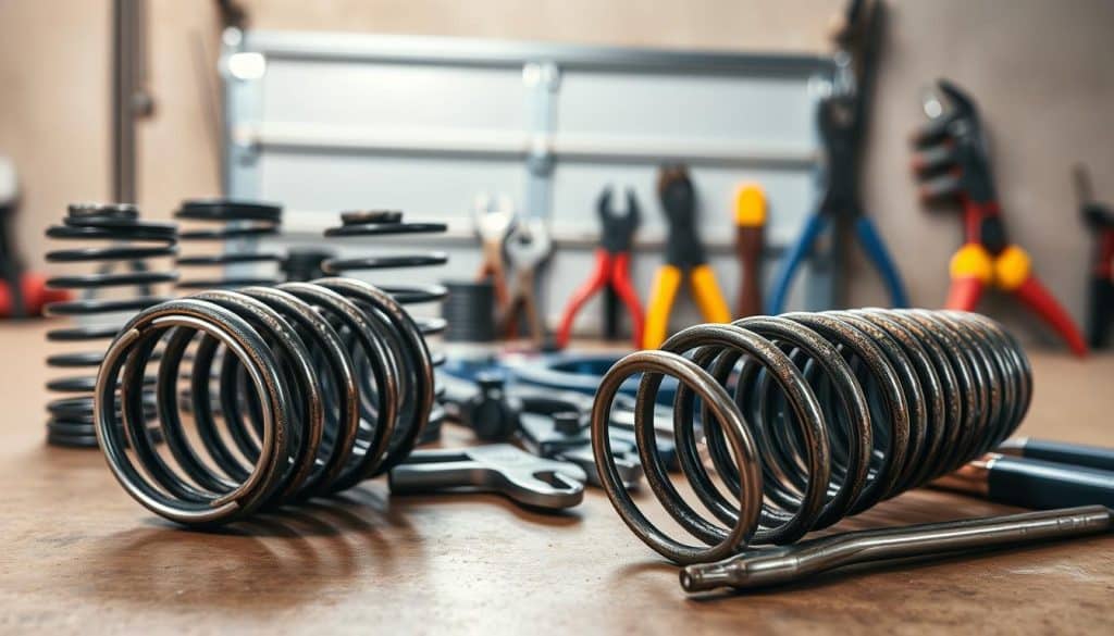 A close-up view of garage door springs arranged against a neutral workbench background, showcasing the intricate mechanics and detailed textures of the metal coils. In the foreground, the springs should exhibit rust-resistant finishes, with reflections highlighting their metal surfaces under soft, diffused, natural lighting. The middle ground features an assortment of essential tools used for spring replacement, such as wrenches and pliers, artfully scattered, enhancing the ambiance of a professional repair workspace. In the background, slightly out of focus, a garage door can be seen partially open, creating a sense of context. The overall mood should convey safety and professionalism, with an emphasis on the importance of proper handling and precautions associated with garage door springs.