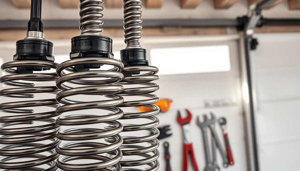 A close-up view of high-tension garage door springs, prominently displayed in the foreground, showcasing their intricate metal coils and robust structure. The springs are attached to a wooden garage door frame, painted in a classic white finish, which provides a contrasting background. Soft, natural light filters in from an open garage door, casting gentle shadows that emphasize the spring's textures and metallic sheen. In the middle ground, tools such as wrenches and safety goggles are neatly arranged, hinting at a maintenance scenario. The atmosphere is professional and informative, conveying a sense of reliability and expertise, ideal for a home maintenance article. The scene is shot from a slightly elevated angle to capture the details effectively while maintaining clarity.