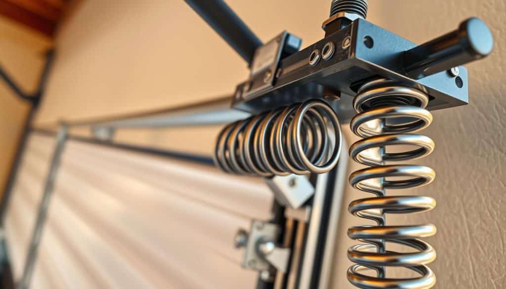 A close-up view of torsion springs mounted on a garage door frame, showcasing their metallic coils and tension mechanisms in intricate detail. The foreground highlights the robust texture and sheen of the springs, with a focus on their ends connected to a sturdy mounting plate. In the middle, the garage door offers a faint hint of its surface materials, while the background features soft, blurred details of a typical garage setting in Orlando, illuminated by warm, natural light streaming through an open garage door. The angle should emphasize the springs' tension and functionality, conveying a sense of precision engineering and reliability, creating an informative yet visually appealing atmosphere.