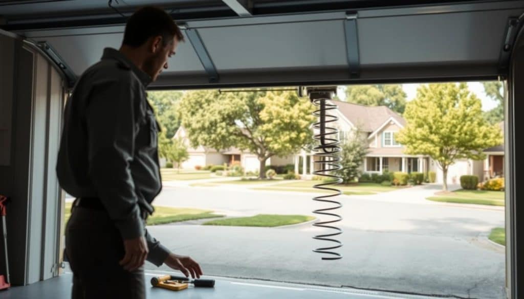A detailed view of a residential garage door being replaced, illustrating the crucial location factors involved in the process. In the foreground, a technician in professional attire is examining a broken spring mechanism, tools laid out neatly beside him. In the middle ground, the garage is partially open, exposing the garage door structure and spring system, highlighting the access points for repair. The background shows a suburban neighborhood with houses lined up on a quiet street, lush greenery framing the scene. Soft, natural lighting filters through the open garage door, casting gentle shadows and creating a focused yet inviting atmosphere. The angle captures both the technician’s concentration and the intricate details of the garage door, emphasizing the hidden factors influencing repair costs.