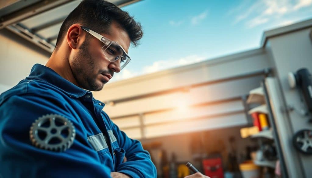 A garage door repair scene, featuring a technician in a blue uniform and safety goggles, diligently inspecting a broken garage door with various tools around them. In the foreground, close-up on the technician's focused expression as they examine the door’s mechanism, showcasing intricate gears and a partially opened panel. In the middle ground, display a sturdy, modern garage door, slightly ajar, revealing a glimpse of the interior workshop filled with tools and spare parts. The background features a clear blue sky with soft afternoon sunlight filtering through, casting warm light on the scene. The overall atmosphere is professional and diligent, emphasizing reliability and expertise in garage door service and repair solutions.