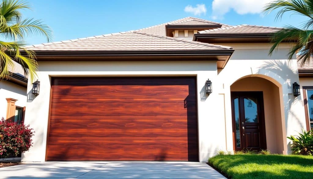 A modern garage door displayed prominently in the foreground, showcasing sleek lines and a contemporary design, finished in a rich mahogany with elegant glass panel inserts. The middle ground features a newly installed garage door seamlessly fitted into a stylish suburban home, emphasizing tailored craftsmanship. In the background, a bright, sunny day in Orlando, Florida, with clear blue skies and lush green lawns, adding an inviting atmosphere. Soft, natural lighting enhances the wood grain and glass reflections, while a slight angle from a low perspective highlights the door's height and grandeur. The scene evokes a sense of reliability and modernity, perfect for illustrating garage door options tailored to customer needs.