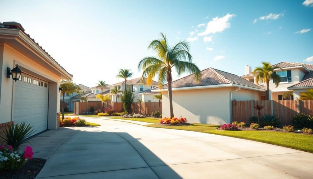 A professional garage door service area in Orlando during daylight, showcasing a sunny, vibrant suburb. In the foreground, a neatly maintained garage with an open garage door, highlighting an expertly crafted garage door in a classic style. In the middle ground, a well-groomed landscape with palm trees and colorful flowers, representing Central Florida's climate. The background includes distinct Orlando architecture, such as modern homes and the skyline, conveying a local residential atmosphere. The scene is brightly lit, with soft shadows cast by the afternoon sun, creating a warm and inviting mood. Capture this image from a slightly elevated angle to give a comprehensive view of the area while ensuring no human subjects are included.