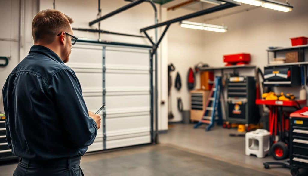 A professional garage setting showcasing preventive maintenance for garage doors. In the foreground, a technician in a neat uniform is inspecting a garage door with tools in hand, focusing on its hinges and rollers. The middle ground features a well-maintained garage door with a smooth finish, illustrating the results of regular maintenance. In the background, a bright, clean garage equipped with various maintenance tools and equipment is visible, with warm, natural lighting illuminating the scene. The atmosphere conveys reliability and professionalism, with attention to detail highlighting the importance of routine checks for prolonging garage door life. Shot with a slightly elevated angle, capturing the essence of a proactive service environment.
