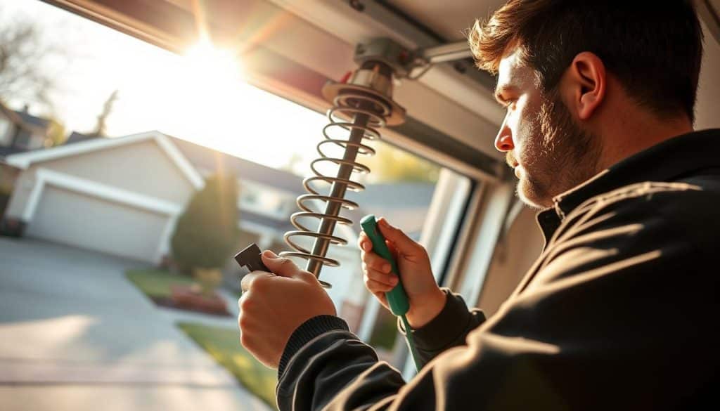 A busy garage door service scene, featuring a technician wearing a uniform performing maintenance on a garage door spring. In the foreground, the technician is using specialized tools to inspect and adjust the spring mechanism, showcasing precision and care. The middle ground includes a well-maintained garage door in a residential setting, with visible details of the spring assembly. In the background, a suburban neighborhood is visible, basking in warm, afternoon sunlight, enhancing a sense of local service. The lighting is bright and inviting, capturing a professional and trustworthy atmosphere. The angle should be slightly from below, emphasizing the technician's expertise and commitment to quality service. No people should be shown interacting directly with the camera, maintaining focus on the service work.