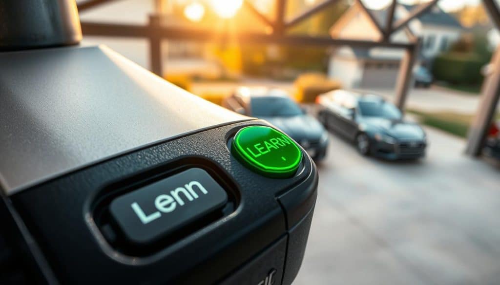 A close-up of a garage door opener's "Learn" button, prominently positioned in the foreground, showing intricate details like texture and circuitry. The button is a vibrant green, contrasting against a sleek black and silver casing. Surrounding the opener, faint reflections of glimmering light add a sense of professionalism and clarity. In the middle, a beautifully manicured garage setting with neatly parked cars, subtly emphasizing the tools of the trade. In the background, soft-focus hints of a suburban neighborhood, bathed in warm, natural sunlight, creating a welcoming atmosphere. The composition should evoke a sense of innovation and simplicity, with a slight depth of field to highlight the button as the focal point, captured at eye level for a grounded perspective.