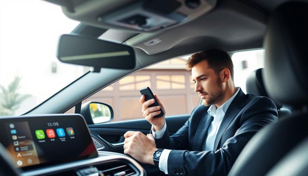 A close-up view of a car's interior showcasing a modern HomeLink system integrated into the rearview mirror. The foreground features a sleek dashboard with a clear display screen, highlighting the HomeLink buttons with vibrant, user-friendly icons. In the middle ground, a well-dressed professional man is seated in the driver's seat, focusing intently on programming the garage door opener using the remote control. The background includes a glimpse of a well-lit garage with an elegant garage door partially open, providing a context of the setup. Soft, natural lighting streams in through the windshield, creating a warm and inviting atmosphere, suggesting ease and accessibility in the programming process. The image captures a sense of innovation and convenience in technology.