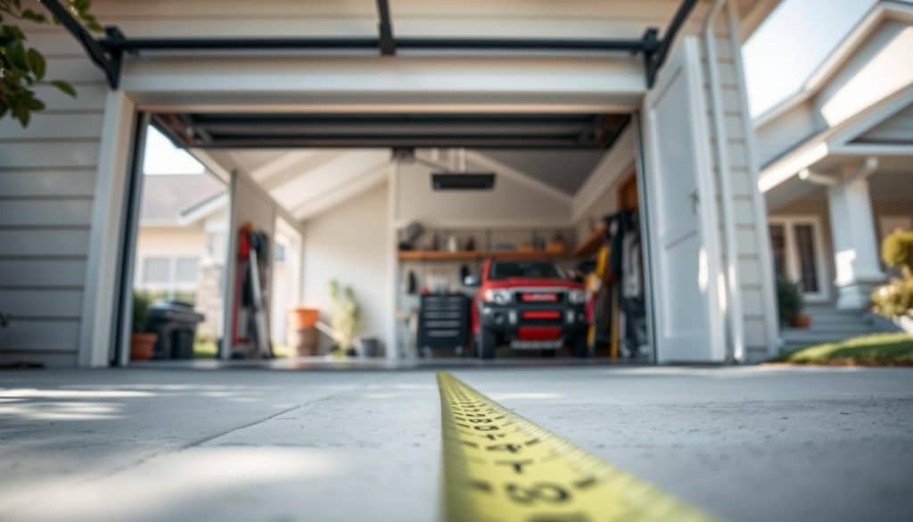 A close-up view of a garage door opening, showcasing its width measurement scale. In the foreground, a measuring tape is laid out along the opening, clearly displaying dimensions in inches or centimeters. The middle ground features a modern garage door partially opened, revealing a well-lit, spacious garage interior with tools and a vehicle. The background includes a suburban house with a well-maintained yard, hinting at a peaceful neighborhood. Natural daylight pours in, creating soft shadows and highlights, while the camera angle is slightly elevated to capture the door and measurement clearly. The overall atmosphere is informative yet inviting, aiming to educate viewers while also appealing to homeowners' aesthetic sensibilities.