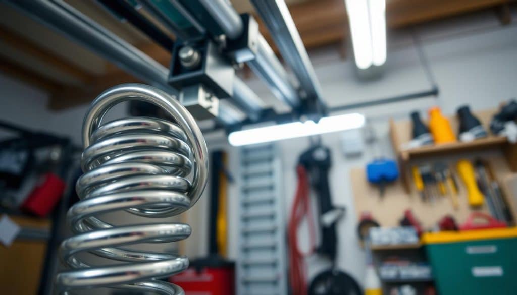 A close-up view of a garage door spring, prominently displayed in the foreground, showcasing its metallic coils with a shiny surface reflecting light. In the middle ground, the garage door mechanism is visible, with various components like brackets and cables, emphasizing the complexity of the system. The background features a well-lit garage space, neatly organized with tools and work supplies, conveying a professional atmosphere. The lighting is bright, highlighting the details of the spring's construction and texture, creating a clean and informative mood. The angle captures the spring and its surroundings from a slightly elevated perspective, giving a comprehensive view of how it integrates into the garage door system. No text or distractions are present.