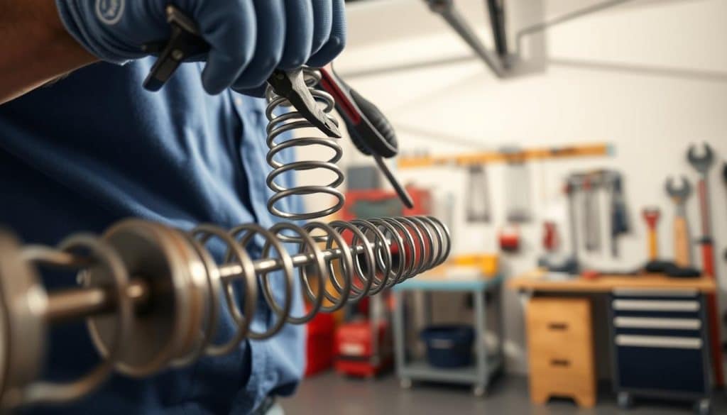 A close-up view of a garage door spring replacement in action, showcasing a professional technician in a modest blue shirt and gloves. In the foreground, focus on the intricate metal springs being carefully handled with appropriate tools like pliers and a wrench. In the middle ground, highlight the opened garage door revealing a well-lit and organized garage environment, with tools neatly arranged on a workbench. In the background, soft shadows cast across the walls and floor enhance the realistic setting. The lighting should be bright but soft, mimicking natural daylight filtering in, giving a clean and professional look. The overall atmosphere should convey a sense of skilled workmanship and the importance of proper garage door maintenance.