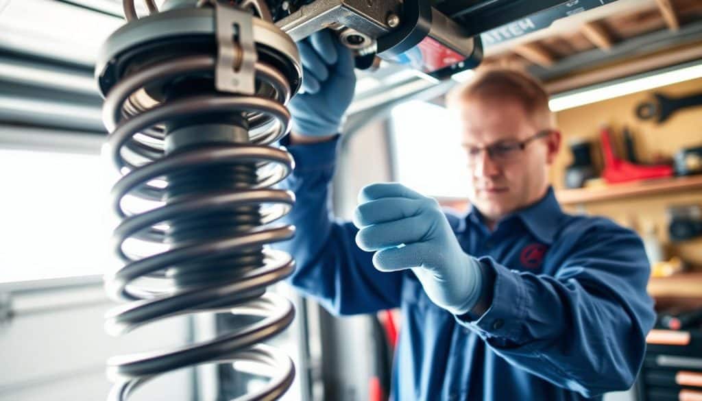 A close-up view of a garage door torsion spring system being professionally serviced by a technician wearing a blue shirt and safety gloves. In the foreground, focus on the intricate details of the torsion spring mechanism, showcasing its coils, brackets, and cables, with some tools like a wrench and screwdriver nearby. The middle ground should depict the technician carefully adjusting the spring with a focused expression, illuminated by natural light filtering through the garage window, creating a warm atmosphere. In the background, a neatly organized garage with a wall of tools and shelves can be seen, highlighting a clean and professional environment. The overall mood conveys expertise and safety, emphasizing the precision required for garage door torsion spring repair and replacement.