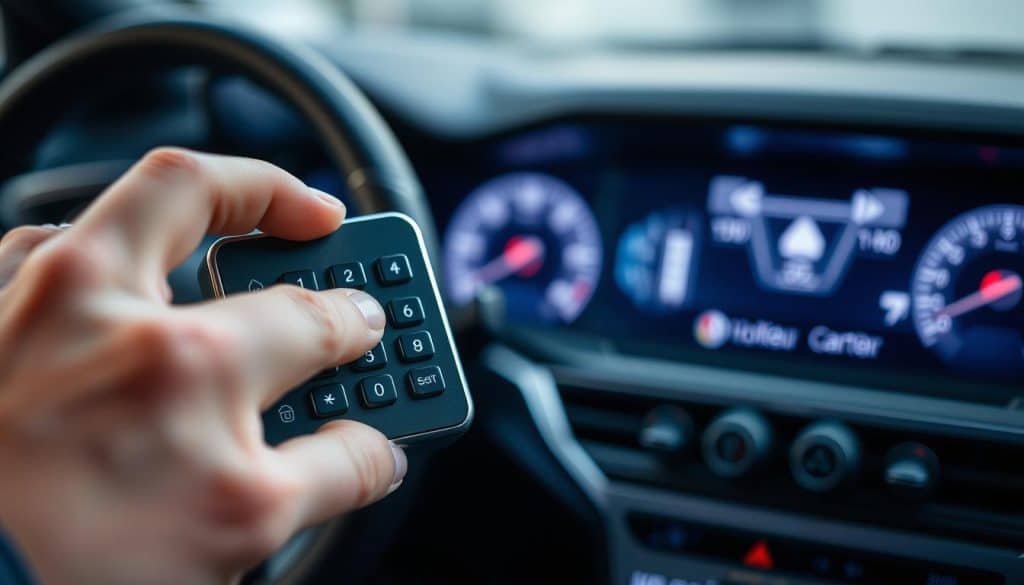 A close-up view of a modern keypad being programmed for a garage door opener, featuring a hand in professional attire carefully pressing buttons on the keypad. In the background, a sleek car's interior is visible, showcasing an advanced in-car system dashboard with HomeLink or Car2U operating controls. Soft ambient lighting illuminates the scene, highlighting the buttons and hand movements, while a slight focus blur on the car interior adds depth to the image. The overall mood is focused and professional, illustrating the process of technology integration for home convenience.