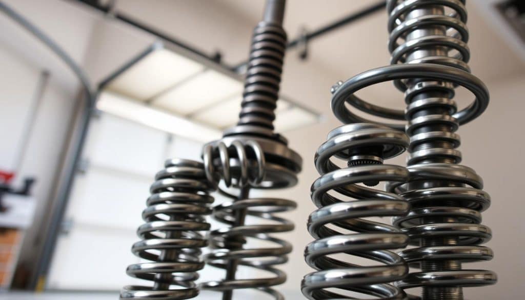 A close-up view of garage door springs, prominently displayed in the foreground, showcasing their intricate design and coiled metal structure. The springs should be depicted in varying sizes to represent different types, such as extension springs and torsion springs. In the middle ground, include a section of a garage door, partially opened, showcasing the springs in their operational context. The background features a well-lit garage environment, with soft natural light filtering in from an open garage door, casting gentle shadows that highlight the metallic texture of the springs. The mood is informative and professional, emphasizing the importance of understanding these components for garage door maintenance. The composition should capture a sense of depth with an angle that allows viewers to see the mechanism in action.