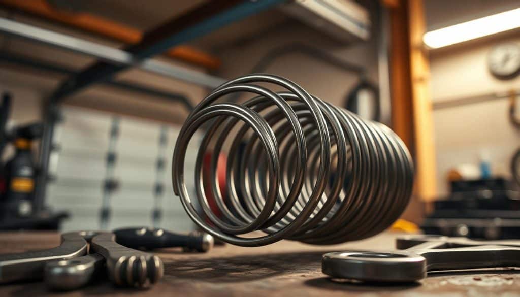 A close-up view of winding garage door torsion springs, showcasing their intricate spiral design and metallic texture. The foreground features a detailed depiction of two tightly coiled springs resting on a workbench, with tools such as pliers and a wrench positioned nearby. In the middle ground, a blurred background displays a garage environment, with overhead lighting casting soft shadows that highlight the springs’ contours. The overall mood is technical and focused, emphasizing precision and craftsmanship. The image should capture a sense of industriousness, inviting viewers to appreciate the complexity of these essential tools. Use warm, natural lighting to enhance the metallic sheen and create a professional atmosphere.