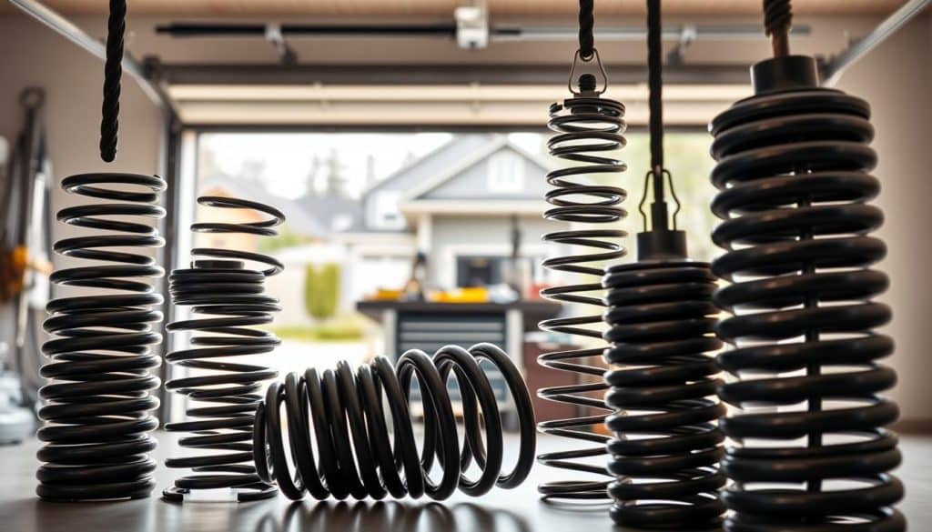 A detailed illustration of various torsion springs used in garage doors, prominently displayed in the foreground. The focus should be on the springs, showcasing different sizes and types, with their distinctive coiled shapes clearly visible. In the middle ground, include an open garage door to provide context, revealing a neatly organized workspace with tools for spring repair. The background should feature a subtle blur of a suburban neighborhood, hinting at a home setting. Use bright, natural lighting to enhance visibility, with a slight vignette effect to draw attention to the springs. The mood should be informative and professional, conveying a sense of expertise and preparation.