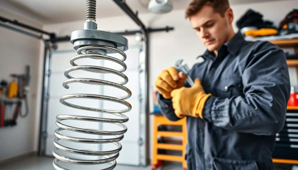 A focused image of a professional technician in a clean garage, wearing a uniform with safety gloves, standing in front of a partially disassembled garage door. The technician is inspecting a garage door spring, using a wrench, with tools neatly organized on a workbench nearby. In the foreground, highlight the intricate details of the spring mechanism, showcasing its metallic coils and components. The middle ground features the garage door, emphasizing the various parts involved in spring repair. The background displays a bright, well-lit garage space with shelves of tools and parts. Use natural lighting to create a clear, informative atmosphere, capturing the seriousness and professionalism of the repair process from a slightly angled perspective to enhance depth.