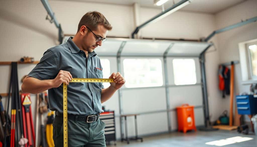 A professional garage door technician measuring a garage door frame with a tape measure, showcasing precise measurements. The technician, dressed in a smart polo shirt and work pants, stands in the foreground, focusing intently on the measurement process. In the middle ground, a partially opened garage door reveals its interior, with tools and equipment neatly organized. The background features a well-lit garage environment, with natural light filtering through a window, casting soft shadows. The setting should evoke a sense of expertise and professionalism, emphasizing attention to detail. The angle is slightly elevated, providing a clear view of the measurement activity. The overall atmosphere is practical and inspiring, conveying the importance of accuracy in selecting a new garage door.