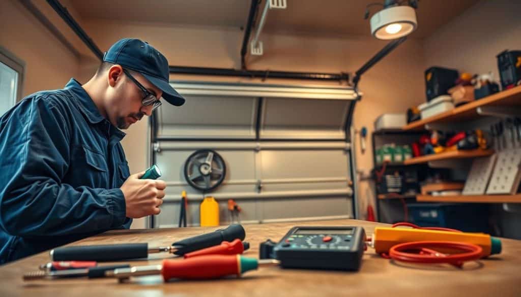 A professional technician wearing a blue uniform inspects a malfunctioning garage door in a well-lit garage. In the foreground, tools like a screwdriver and a multimeter are spread out on a workbench, emphasizing a troubleshooting scene. The technician is focused, examining the door's mechanism closely with a flashlight, showcasing attention to detail. In the middle ground, the garage door is partially open, revealing intricate gears and wiring, while the walls are lined with storage shelves filled with tools and spare parts. The background includes soft overhead lighting casting warm tones, creating a practical and inviting atmosphere. The overall mood conveys a sense of expertise and problem-solving, perfect for illustrating troubleshooting in garage door services.