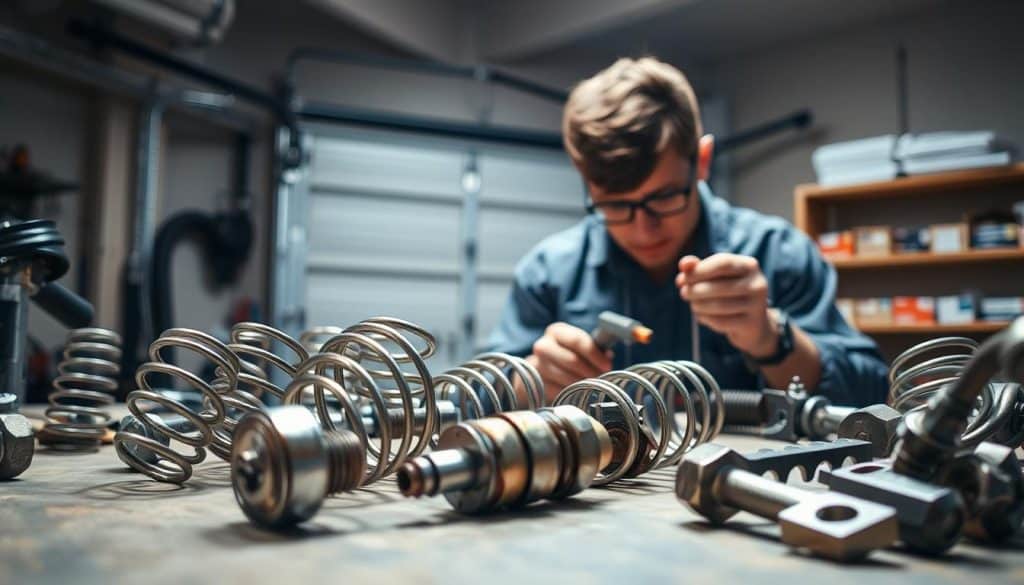 A well-lit workshop scene showcasing a professional technician in modest casual clothing, focused on inspecting garage door torsion spring components. In the foreground, detailed close-ups of old hardware like springs, bolts, and brackets lie on a workbench, glinting under overhead lighting. The middle layer features the technician carefully examining parts using tools like a wrench and a screwdriver, with a look of concentration. In the background, a partially disassembled garage door is visible, giving context to the scene. The atmosphere is one of precision and careful attention, with soft shadows creating depth. The image captures the essence of mechanics, highlighting the importance of thorough inspection and component evaluation.