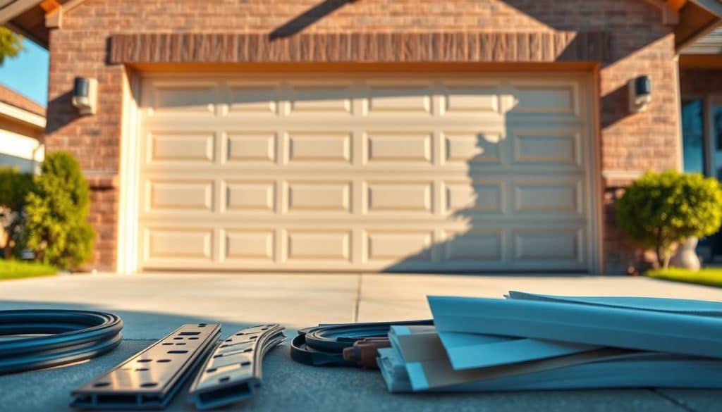 A close-up of a gleaming, well-maintained garage door in a suburban setting, showcasing energy-efficient features. In the foreground, there are tools and materials that reflect affordable DIY options for garage door maintenance, like weather seals and insulation strips. The middle ground features the garage door itself, with a shiny finish that suggests quality craftsmanship. The background includes a cozy, well-kept lawn and a clear blue sky, implying a bright, hopeful atmosphere. The lighting is warm and inviting, with soft sunlight illuminating the scene from the left, creating gentle shadows. This image should convey the sense of smart financial choices in home improvement while maintaining a professional and polished look.