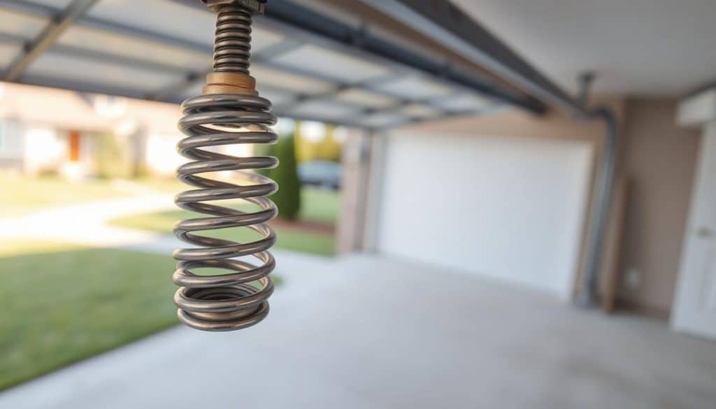 A close-up view of a garage door spring, showcasing its intricate coil design and metallic sheen. In the foreground, the spring appears detailed and slightly worn, reflecting the stresses it endures, with metal textures highlighted under soft, even lighting. In the middle ground, a partially open garage door reveals a blurred background of a suburban driveway and lawn, suggesting a home setting. The atmosphere feels practical and industrious, emphasizing the importance of maintenance. The shot is taken from a low angle to capture the height of the spring while maintaining a sense of perspective. Use a shallow depth of field to focus sharply on the spring while creating a gentle bokeh effect in the background.