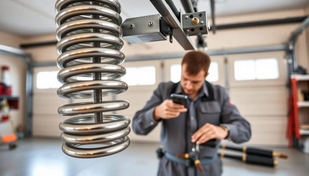 A close-up view of a garage door torsion spring system, expertly detailed to showcase the mechanism’s components including the spring, cable, and mounting brackets. The foreground features a smooth, shiny torsion spring with its coils tightly wound, glistening in the light. The middle ground highlights the careful installation, with a professional technician in modest casual clothing inspecting the setup, tools laid out for clarity. The background displays a well-lit, organized garage environment with a neutral-colored garage door partially opened, allowing a hint of natural light to illuminate the scene. The overall atmosphere is technical and educational, with a focus on precision and safety in garage door maintenance. Use a macro lens effect to enhance the details and textures, conveying a sense of professionalism and expertise.
