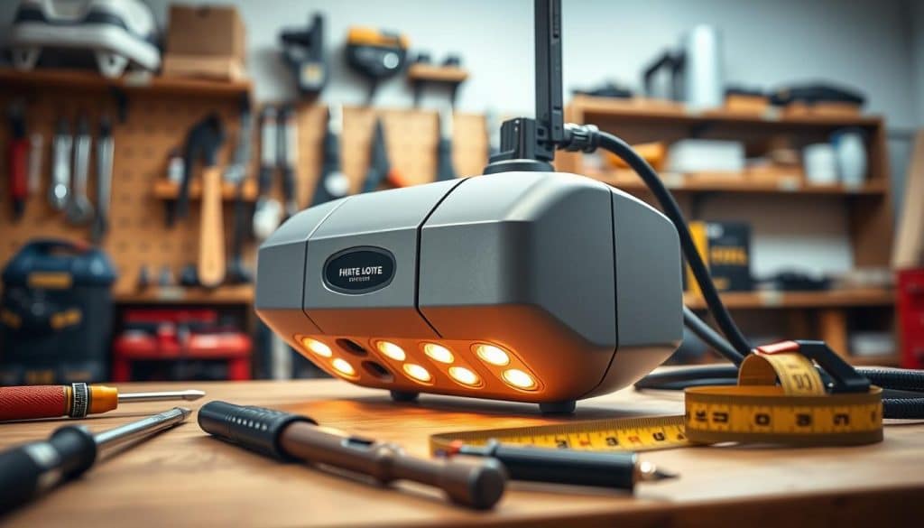A close-up view of a modern garage door opener on a workbench, showcasing its sleek design and various parts. In the foreground, include tools like a screwdriver, pliers, and a measuring tape, neatly arranged around the opener. The middle layer features the garage door opener prominently, with clear labeling of buttons and connectors, illuminated by warm LED lighting to highlight its details. The background consists of a well-organized garage space, with shelves filled with tools and materials creating a professional atmosphere. The overall mood is practical and focused, representing readiness for a home improvement project. Shot with a shallow depth of field to emphasize the opener while softly blurring the surroundings for a clean, polished look.