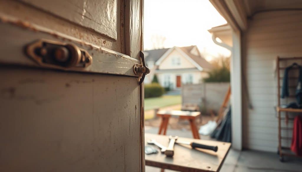 A close-up view of an old, weathered garage door showing signs of age, with peeling paint and rusted hinges, in the foreground. The door is ajar slightly, revealing a glimpse of the interior garage in the middle ground. Tools such as a wrench and a hammer are casually placed on a workbench, indicating ongoing inspection work. In the background, a suburban house can be seen, bathed in warm, soft afternoon light, creating a homey atmosphere. The scene is framed with a slight tilt, as if capturing a candid moment during a maintenance assessment. The overall mood is reflective and practical, conveying a sense of decision-making about repair versus replacement.