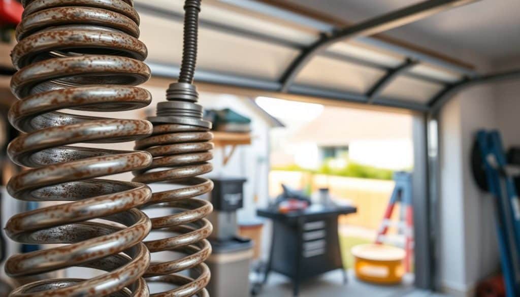 A close-up view of rugged garage door springs, showcasing their intricate metal coils and tension mechanisms. The foreground features a pair of well-worn springs, glistening slightly in the light, emphasizing their sturdy construction. In the middle ground, a partially open garage door reveals the home’s interior, with tools and a workbench, suggesting an environment of maintenance and repair. The background includes soft shadows of a suburban neighborhood through the open door, creating a sense of depth and context. The lighting is bright yet natural, evoking a clean and efficient workspace. The overall mood conveys professionalism and readiness, making it a perfect representation of expert garage door service insights.