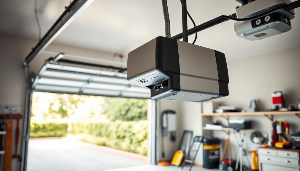 A detailed and realistic representation of a garage door opener system installed in a well-lit, modern garage. In the foreground, showcase a sleek and compact garage door opener unit mounted on the ceiling, complete with visible wiring and a remote control nearby. In the middle ground, include a partially open garage door revealing a driveway and lush greenery outside. The background should feature clean, organized garage elements like tools and shelves, enhancing the functional atmosphere. Use natural lighting streaming in softly through the open door, creating a welcoming environment. Capture the scene from a slightly elevated angle, conveying a sense of professionalism and clarity, ideal for a homeowner considering installation or seeking repairs.