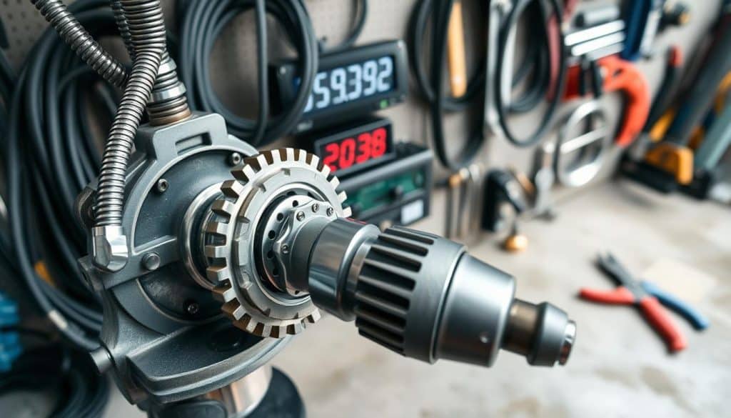 A detailed close-up of a torsion spring mechanism for a garage door, featuring a drill-assisted winder prominently in the foreground. The winder is silver with intricate gears and a smooth handle, positioned against a backdrop of a neatly arranged workshop. In the middle ground, a digital turn counter displays numbers indicating spring tension, with cables and tools arranged methodically around it. Soft, diffused lighting highlights the metallic textures and creates gentle shadows, implying a calm and focused atmosphere. The angle should be slightly above eye level, capturing the intricacies of the mechanism while emphasizing craftsmanship and precision. The overall mood conveys professionalism and careful attention to detail in a safe working environment.