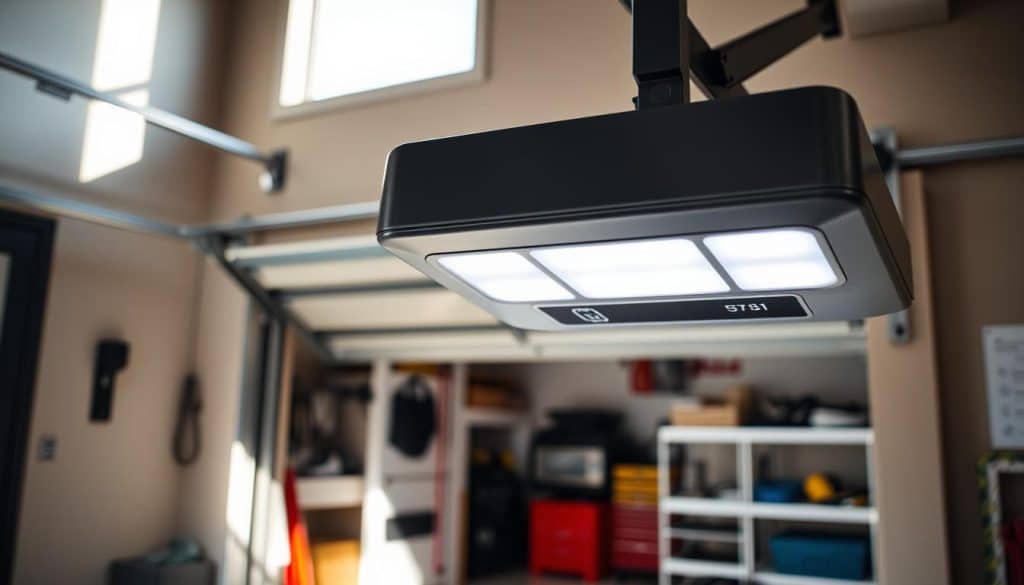 A modern garage door opener prominently displayed in the foreground, featuring a sleek design with a digital interface and integrated smart features. The background shows a contemporary garage setting with a stylish door partially closed to reveal a glimpse of the interior, including shelves and tools. Soft, natural lighting filters in through a window, casting gentle shadows that enhance the sleek lines of the opener. The angle is slightly from above, focusing on the opener while allowing a view of the garage's clean, organized space. The atmosphere is inviting and high-tech, emphasizing innovation and convenience in home automation.