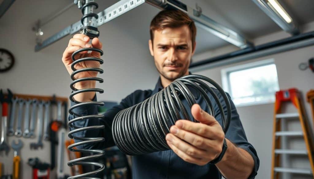 A skilled technician, dressed in smart casual attire, is intently measuring a garage door spring in a well-lit garage. The scene focuses on the technician holding a measuring tape against a coil spring, showcasing the spring’s detailed texture and winding structure. In the background, various tools like wrenches and a ladder are neatly arranged, hinting at the maintenance work involved. Soft natural light filters through a nearby window, casting gentle shadows that add depth to the image. The atmosphere is one of professionalism and focus, emphasizing the importance of accuracy in measuring for proper installation. The angle captures both the technician's concentrated expression and the intricate mechanics of the garage door system, inviting the viewer to understand the intricacies of garage door spring measurements.