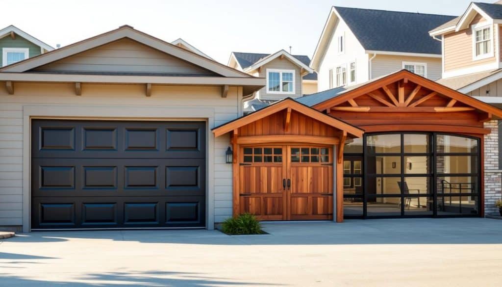 A visually striking image of a variety of garage doors showcasing different styles, sizes, and designs to illustrate their impact on price. In the foreground, a modern, sleek panel garage door in a dark finish is opened, revealing a neatly organized garage interior. In the middle ground, a traditional wooden carriage-style door and a contemporary glass garage door are prominently displayed side by side, highlighting their distinct looks. The background features a suburban scene with various houses, showcasing differing architectural styles. Warm, natural sunlight bathes the scene, creating a welcoming atmosphere. The composition should evoke a sense of craftsmanship and variety, appealing to homeowners considering garage door options. Use a slightly elevated angle for a comprehensive view, capturing all elements harmoniously.