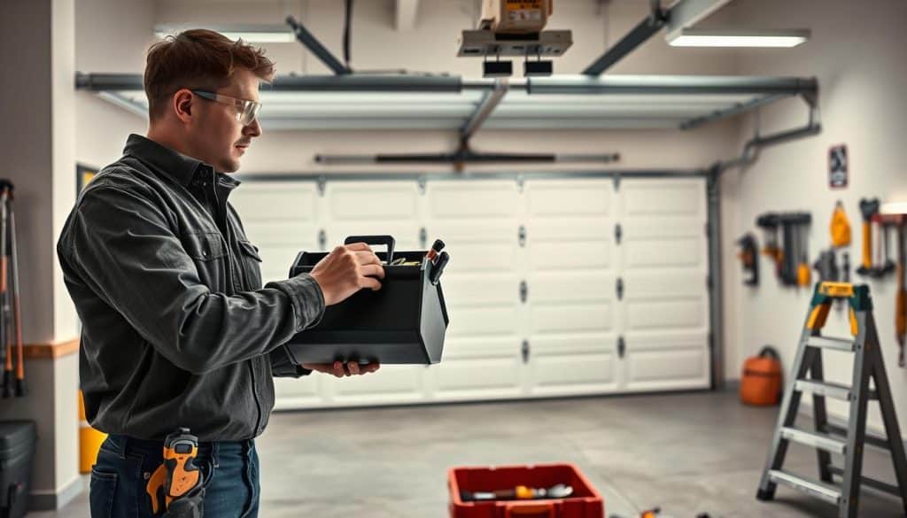 A well-lit garage setting showcasing a DIY enthusiast assessing safety measures before installing a garage door opener. In the foreground, a person in safety goggles and professional attire carefully examines the garage door mechanism, holding a toolbox with various tools. The middle ground features tools and safety equipment, such as gloves and a step ladder, arranged neatly, emphasizing preparedness. The background reveals a spacious garage with a newly installed garage door, tools hanging on the wall, and a safety sign prominently displayed. Soft, even lighting enhances the atmosphere of diligence and caution, with a focus on creating a sense of serious, dedicated work while maintaining a cozy, organized environment. The overall mood is one of professionalism and safety awareness, ideal for a DIY project.