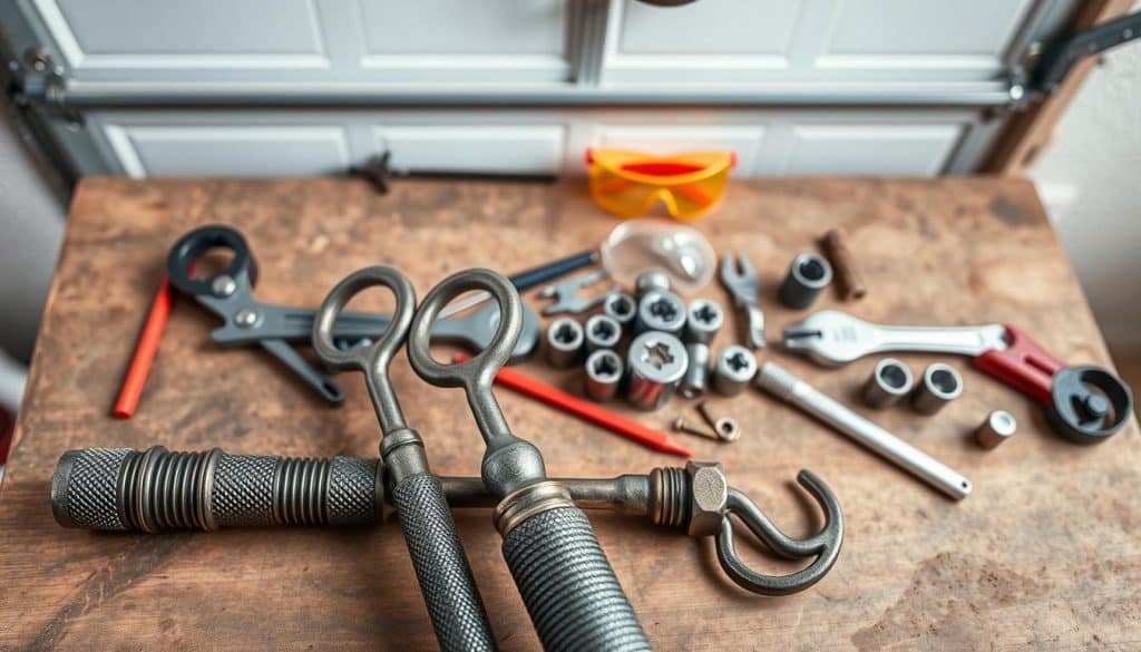 A well-organized workspace featuring winding bars, essential tools for adjusting garage door spring tension. In the foreground, highlight the winding bars with textured metal surfaces, showing their hooked ends ready for use. In the middle, include a sturdy workbench strewn with other tools such as a ratchet, sockets, and safety goggles. The background features a garage door partially opened, illustrating the context. Use natural lighting that illuminates the tools while casting soft shadows for depth. A slight overhead angle enhances the layout, giving an aerial view of the workspace. The atmosphere conveys professionalism and safety, emphasizing the importance of precision and care in home maintenance tasks.