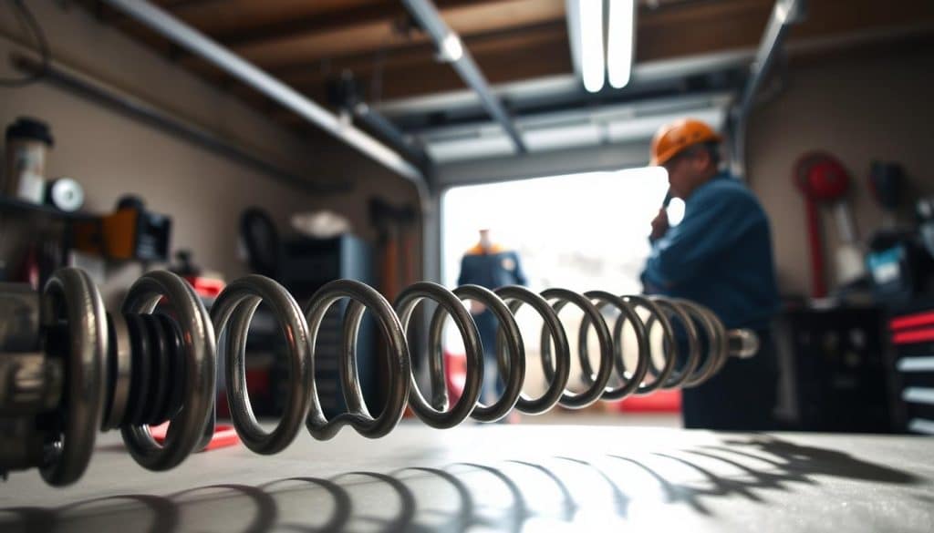 A close-up view of a garage door spring assembly, highlighting the intricate details of the springs and their mounting hardware. In the foreground, showcase the coiled metal springs with a rich texture, glinting under overhead fluorescent lighting, emphasizing their strength and design. The middle ground features a partially open garage door, with a hint of sunlight streaming in, creating a dramatic contrast against the shadowed interior filled with tools and garage equipment. In the background, add blurred silhouettes of a professional technician inspecting the setup, dressed in a blue work shirt and a safety helmet, to convey a sense of expertise. The overall mood should feel informative and industrious, capturing the essence of garage door maintenance and repair. The perspective is slightly angled, giving depth to the composition while focusing on the springs.