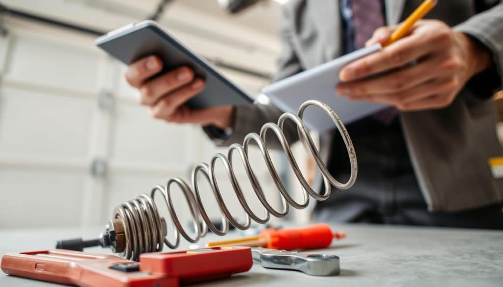 A close-up view of a garage door spring replacement being estimated, featuring a professional in modest business attire holding a notepad and pencil, analyzing a broken spring. In the foreground, there's a detailed view of a tension spring with visible wear, surrounded by tools like a screwdriver and wrench. The middle ground shows a garage door slightly open, revealing a well-organized workspace. The background has soft, natural lighting filtering in through a nearby window, creating a welcoming atmosphere. The image emphasizes clarity and organization, evoking a sense of professionalism and attention to detail, focused on the practicalities of estimating spring replacement costs.