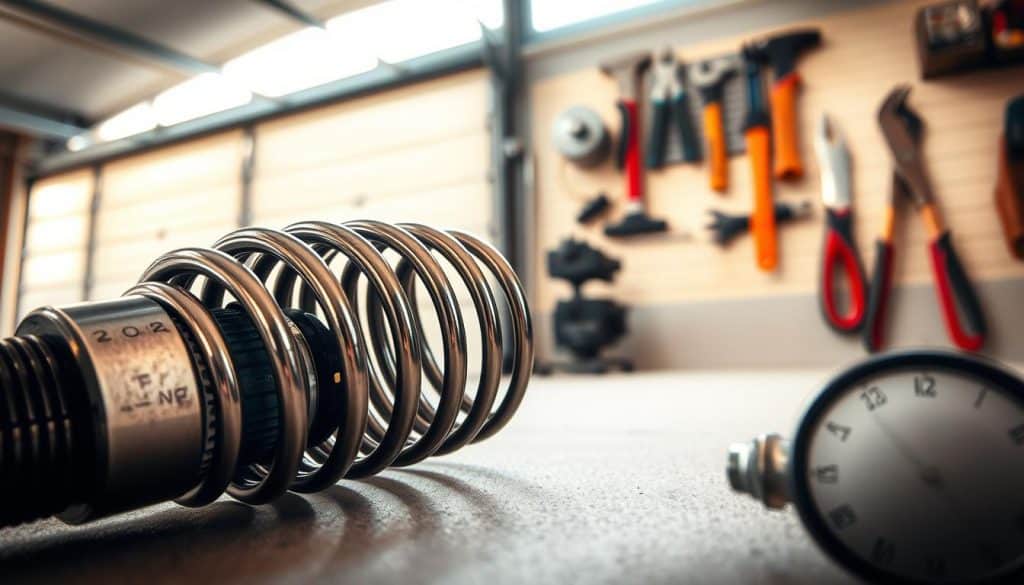A close-up view of a garage door spring, showcasing its intricate coils with a metallic sheen, resting in a well-lit garage environment. In the foreground, the spring is prominently displayed, capturing details such as texture and tension. The middle ground includes a partially visible garage door with a hint of an automatic opener mechanism, emphasizing the mechanical aspect. In the background, soft shadows create depth with tools organized neatly on a wall rack, suggesting a professional atmosphere of maintenance and repair. The setting is bathed in natural light filtering through a window, creating a warm and inviting mood. The image should be sharply focused with a slight depth of field, accentuating the spring while providing context of an organized garage space.