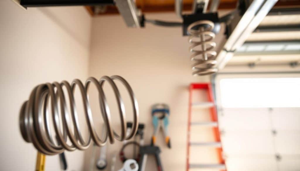 A close-up view of a garage door spring, showcasing its intricate design and sturdy construction. The spring is installed on a garage door track, with the door partially open to reveal a well-lit garage interior. In the foreground, focus on the metallic coils of the spring, displaying their tension and engineering detail. In the middle ground, arrange tools like a wrench and a ladder, symbolizing DIY repair efforts. The background features a smooth garage wall and a window allowing natural light to illuminate the scene, casting soft shadows. The atmosphere should be practical and informative, highlighting both safety and professionalism. Capture the image with shallow depth of field for emphasis, using bright yet balanced lighting to enhance the details of the spring and tools.