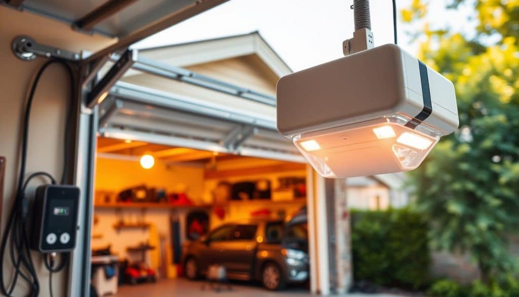 A close-up view of a modern garage door opener system, prominently displayed in the foreground, showcasing its sleek design and technical features. The device is installed on a garage wall, with wires elegantly organized, conveying a sense of functionality and sophistication. In the middle ground, an open garage door reveals the interior of a well-maintained garage, featuring tools and a vehicle, bathed in warm, inviting daylight. The background includes the exterior of a suburban home, lush greenery framing the scene. The lighting is soft yet bright, emphasizing the opener's details without harsh shadows. The overall mood is professional and informative, inviting a sense of value and reliability in garage door technology. The image should be devoid of any text or distractions, focusing solely on the garage door opener.