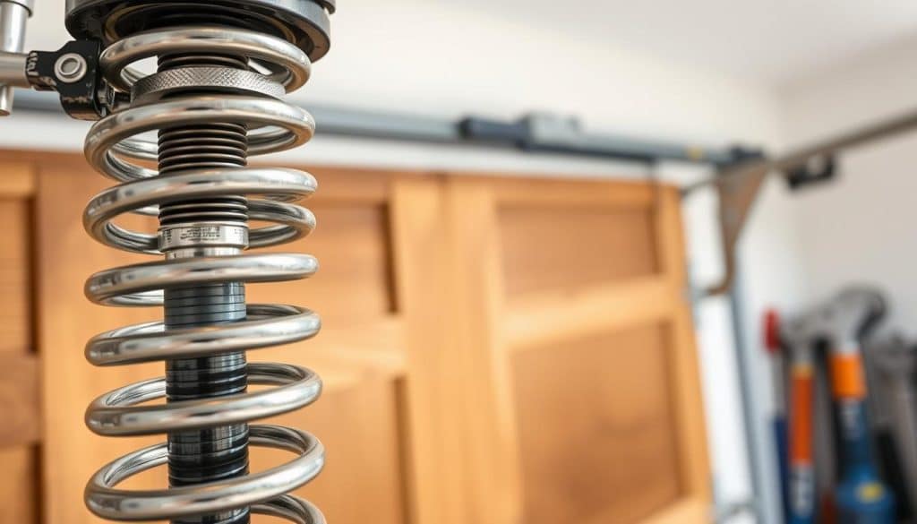 A detailed close-up of a garage door spring mechanism, showcasing its intricate structure with coils and metal components prominently displayed in the foreground. The middle ground features a well-maintained wooden garage door partially open, revealing more of the spring system. In the background, soft-focused tools commonly used for maintenance, such as wrenches and lubricants, hint at the theme of repair and replacement. The lighting is bright and natural, coming from a nearby window, accentuating the metallic sheen of the spring while casting gentle shadows for dimensionality. The angle should be slightly elevated to provide a comprehensive view of the spring and garage door, evoking a professional atmosphere suited for a home repair discussion.