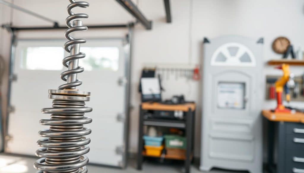 A detailed close-up of a garage door spring mechanism, showcasing multiple garage doors in various stages of repair. In the foreground, a pair of robust, shiny garage door springs coiled tightly, reflecting soft natural light. The middle ground features a few garage doors, including a modern sectional door with clear windows and a classic up-and-over door in a neutral color, each with detailed textures. In the background, a well-lit garage environment, with tools neatly arranged on a workbench to emphasize a professional atmosphere. The scene captures a sense of reliability and expertise, with soft shadows enhancing the depth, and a slight focus blur on the background to draw attention to the springs and doors.