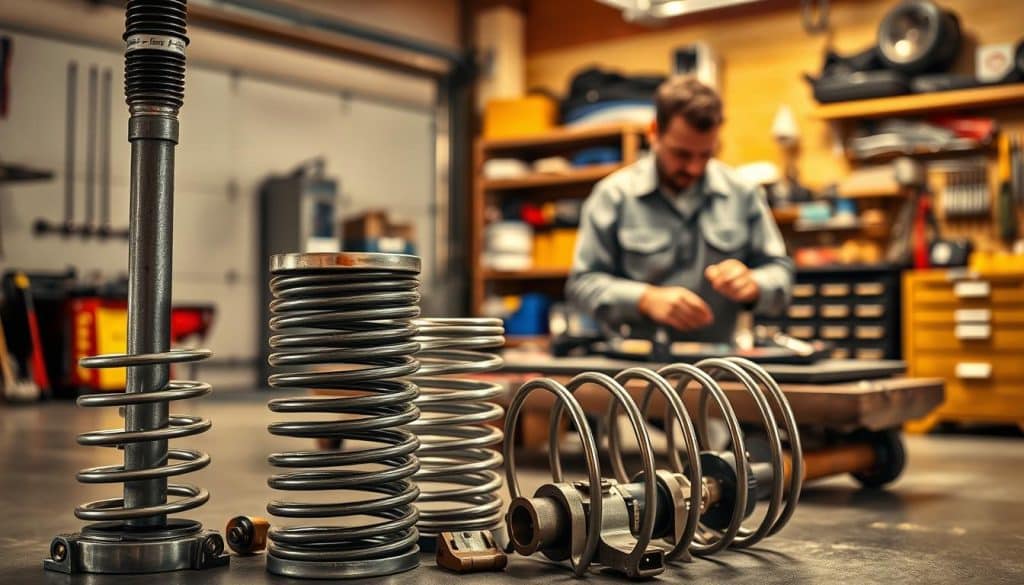 A detailed garage scene showcasing two distinct areas: the foreground features a close-up of a newly installed garage door spring, glistening with oil, positioned next to an assortment of various spring parts like tension springs and mounting brackets, emphasizing quality. In the middle ground, a professional technician in a modest casual shirt is inspecting tools on a workbench, highlighting the labor aspect of the repair process. The background includes a well-organized garage with shelves of tools and parts, illuminated by warm, soft lighting to create an inviting atmosphere. The image is shot at a slight angle to capture the depth of the workspace, blending both parts and labor seamlessly, invoking the balance between the two in the garage door maintenance context.