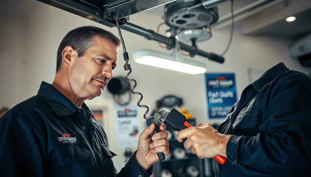 A professional garage door technician in a smart, branded uniform is inspecting a garage door spring system in a well-lit garage. The technician, a middle-aged Caucasian male, is focused on a broken spring with tools in hand, conveying expertise and attention to detail. In the background, a tidy and organized workspace features various garage door parts and a wall with a poster showcasing fast quote options. Soft, diffused light from overhead fixtures creates a warm atmosphere, while shadows add depth to the scene. The angle of the shot highlights both the technician's meticulous work and the inviting layout of the garage, emphasizing the service area. The overall mood is professional and reassuring, reflecting trustworthiness and reliability in garage door service.