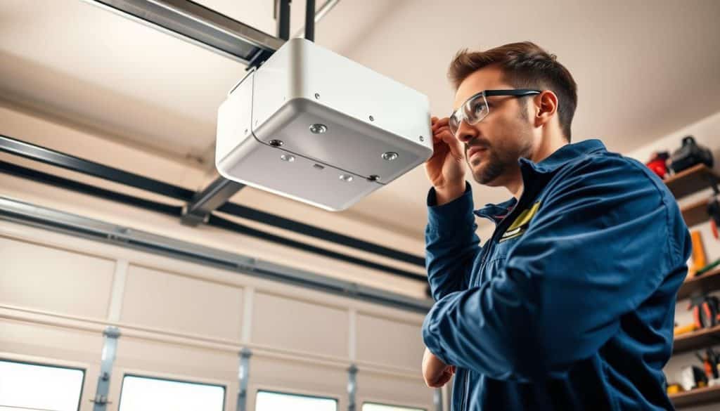 A professional installer expertly placing a modern garage door opener in a well-lit, spacious garage. In the foreground, the installer, wearing a smart blue uniform and safety goggles, is focused on aligning the opener with precision tools visible nearby. The middle area showcases the garage door, half-open, revealing its sleek design and insulation features. Bright overhead lights create a warm ambiance, enhancing the details of the installation process. In the background, various garage tools are neatly organized on a wall-mounted shelf, emphasizing a professional work environment. The overall atmosphere conveys expertise, attention to safety, and the benefits of professional installation, focusing on quality and reliability.