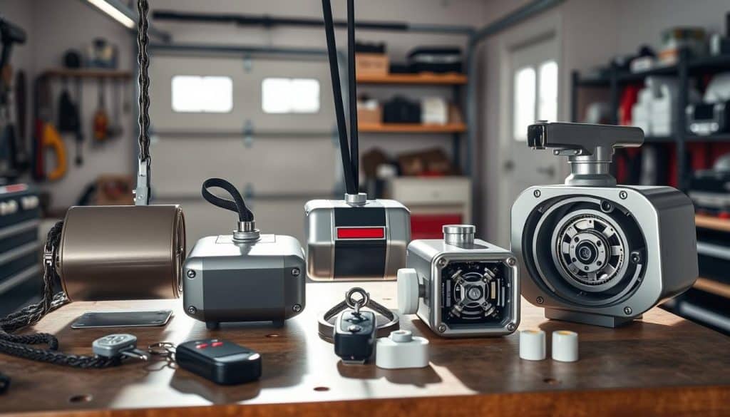 A well-lit, visually engaging display of various types of garage door openers arranged on a workbench. In the foreground, showcase a chain-driven opener with a polished metal finish, a belt-driven opener with a sleek design, and a screw-driven opener featuring its internal mechanism exposed. In the middle ground, include a close-up of remote controls and safety sensors associated with each opener. The background should feature a garage setting with tools, shelving, and a partially closed garage door, emphasizing functionality. Natural light filters in, casting soft shadows, creating a professional and informative atmosphere. This image should evoke a sense of reliability and innovation in garage door technology.