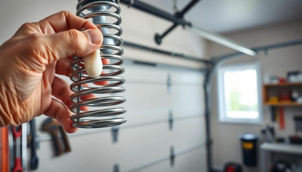 A close-up image of a garage door spring being lubricated with a specialized grease. In the foreground, a well-maintained hand applying a small amount of grease to a shiny metal coil spring, showcasing the smooth texture of the lubricant. The middle ground features a traditional garage door, partially open, displaying its balance between functionality and aesthetics. In the background, a well-lit garage environment with tools organized neatly on shelves, aiding in the ambiance of a practical workspace. Soft, natural light filters in from a nearby window, creating a warm, inviting atmosphere. The composition focuses on the mechanical aspect of the garage door spring while emphasizing the importance of maintenance and care in home improvement.