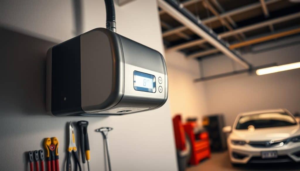 A close-up of a modern garage door opener mounted on a stylish, contemporary garage wall. The opener is sleek and metallic, featuring buttons and a digital display, catching the soft, warm light from nearby overhead fixtures. In the background, a well-maintained garage environment is visible, showcasing a clean space with tools neatly organized and a light-colored car partially in view. The composition focuses on the opener as the main subject while hinting at the functional aspects of a typical garage. The atmosphere is bright and inviting, conveying the practicality and efficiency of a garage door opener, with a professional yet approachable tone. Soft shadows and highlights enhance the metallic texture, creating a sense of depth.